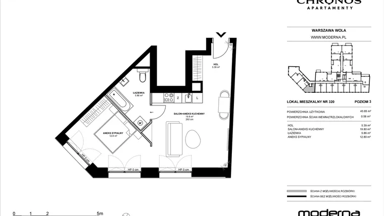 Rzut - Mieszkanie na sprzedaż 2 pokoje o powierzchni 43,85 m² - numer 320 w Chronos etap II