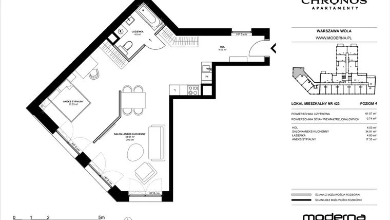 Rzut - Mieszkanie na sprzedaż 2 pokoje o powierzchni 61,57 m² - numer 423 w Chronos etap II