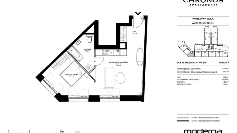 Rzut - Mieszkanie na sprzedaż 2 pokoje o powierzchni 44,17 m² - numer 519 w Chronos etap II