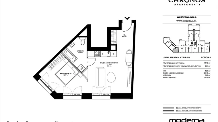 Rzut - Mieszkanie na sprzedaż 2 pokoje o powierzchni 44,13 m² - numer 420 w Chronos etap II