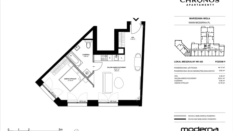 Rzut - Mieszkanie na sprzedaż 2 pokoje o powierzchni 44,13 m² - numer 420 w Chronos etap II