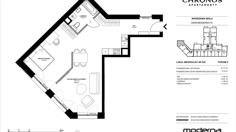 Rzut - Mieszkanie na sprzedaż 2 pokoje o powierzchni 61,77 m² - numer 522 w Chronos etap II
