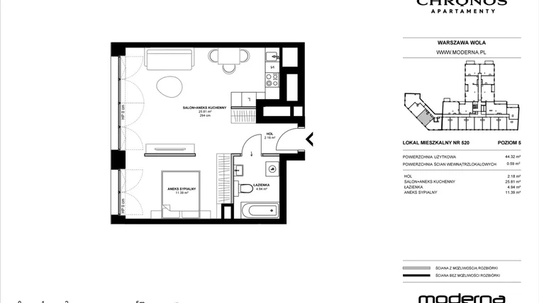 Rzut - Mieszkanie na sprzedaż 2 pokoje o powierzchni 44,32 m² - numer 520 w Chronos etap II