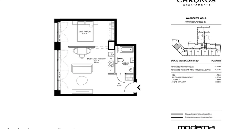 Rzut - Mieszkanie na sprzedaż 2 pokoje o powierzchni 44,65 m² - numer 521 w Chronos etap II