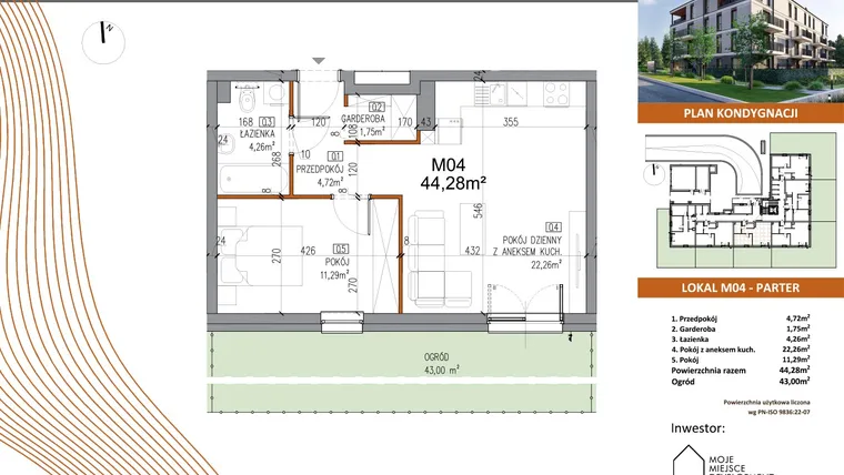Rzut - Mieszkanie na sprzedaż 2 pokoje o powierzchni 44,28 m² - numer M04 w Villa Terra