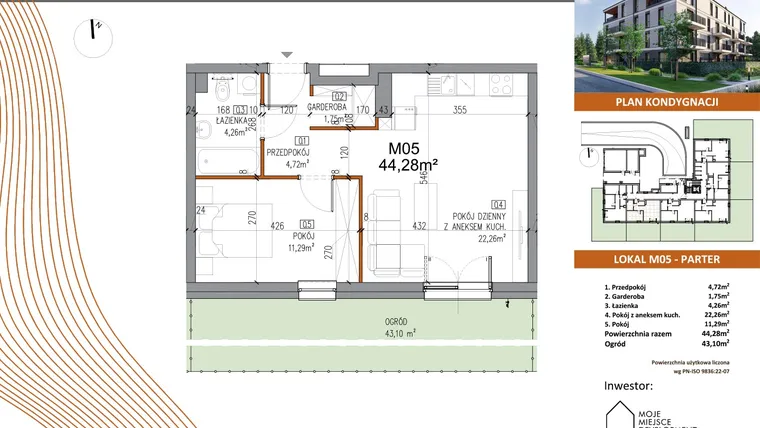 Rzut - Mieszkanie na sprzedaż 2 pokoje o powierzchni 44,28 m² - numer M05 w Villa Terra