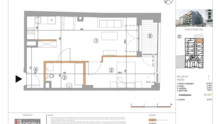 Rzut - Mieszkanie na sprzedaż 2 pokoje o powierzchni 46,19 m² - numer A1/5 w 5th Avenue Apartments