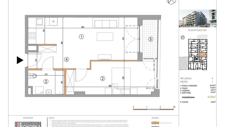 Rzut - Mieszkanie na sprzedaż 2 pokoje o powierzchni 47,85 m² - numer A1/8 w 5th Avenue Apartments