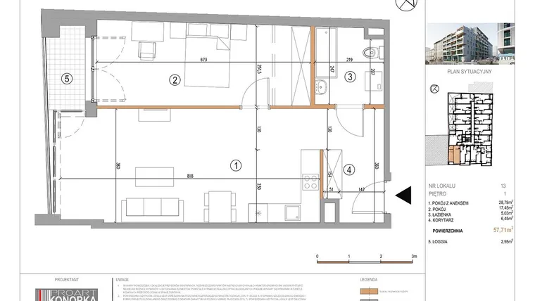 Rzut - Mieszkanie na sprzedaż 2 pokoje o powierzchni 57,71 m² - numer A1/13 w 5th Avenue Apartments