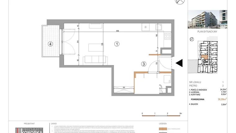 Rzut - Mieszkanie na sprzedaż 1 pokój o powierzchni 36,99 m² - numer A2/1 w 5th Avenue Apartments
