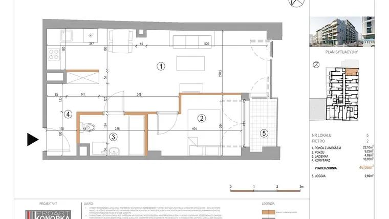 Rzut - Mieszkanie na sprzedaż 2 pokoje o powierzchni 46,06 m² - numer A2/5 w 5th Avenue Apartments