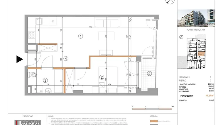 Rzut - Mieszkanie na sprzedaż 2 pokoje o powierzchni 48,58 m² - numer A2/8 w 5th Avenue Apartments