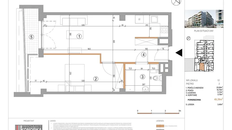 Rzut - Mieszkanie na sprzedaż 2 pokoje o powierzchni 49,39 m² - numer A2/12 w 5th Avenue Apartments