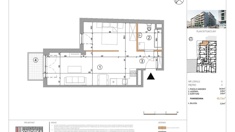 Rzut - Mieszkanie na sprzedaż 1 pokój o powierzchni 45,13 m² - numer A3/4 w 5th Avenue Apartments