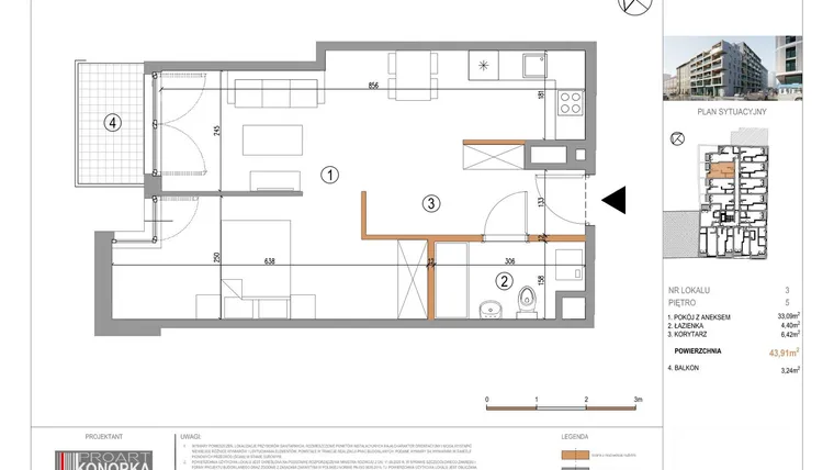 Rzut - Mieszkanie na sprzedaż 1 pokój o powierzchni 43,91 m² - numer A5/3 w 5th Avenue Apartments