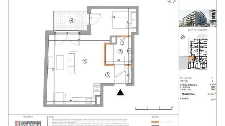 Rzut - Mieszkanie na sprzedaż 1 pokój o powierzchni 43,07 m² - numer A4/14 w 5th Avenue Apartments