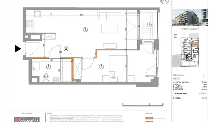 Rzut - Mieszkanie na sprzedaż 2 pokoje o powierzchni 45,46 m² - numer A7/5 w 5th Avenue Apartments