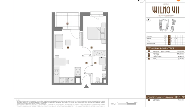 Rzut - Mieszkanie na sprzedaż 2 pokoje o powierzchni 36,23 m² - numer C.78 w Osiedle Wilno VII etap 3
