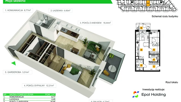 Rzut - Mieszkanie na sprzedaż 2 pokoje o powierzchni 47,48 m² - numer M20 w Moja Skawina