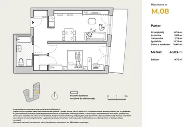 Rzut - Mieszkanie na sprzedaż 2 pokoje o powierzchni 48,03 m² - numer M08 w Baja Piaśniki