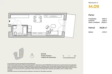 Rzut - Mieszkanie na sprzedaż 1 pokój o powierzchni 29,28 m² - numer M09 w Baja Piaśniki