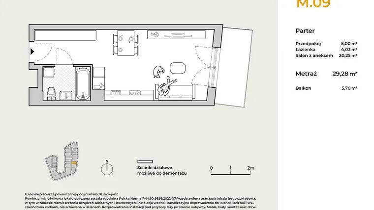 Rzut - Mieszkanie na sprzedaż 1 pokój o powierzchni 29,28 m² - numer M09 w Baja Piaśniki