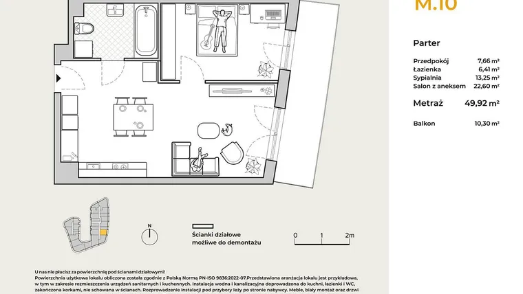 Rzut - Mieszkanie na sprzedaż 2 pokoje o powierzchni 49,92 m² - numer M10 w Baja Piaśniki