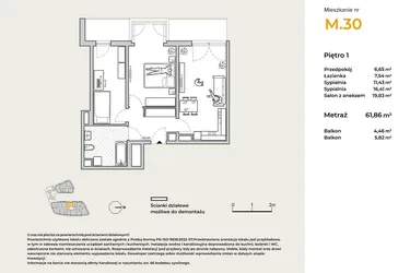 Rzut - Mieszkanie na sprzedaż 3 pokoje o powierzchni 61,86 m² - numer M30 w Baja Piaśniki