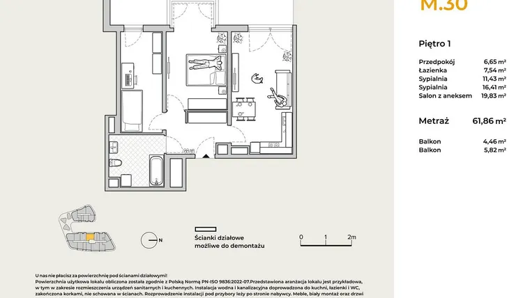 Rzut - Mieszkanie na sprzedaż 3 pokoje o powierzchni 61,86 m² - numer M30 w Baja Piaśniki