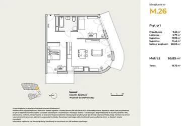 Rzut - Mieszkanie na sprzedaż 3 pokoje o powierzchni 66,85 m² - numer M26 w Baja Piaśniki