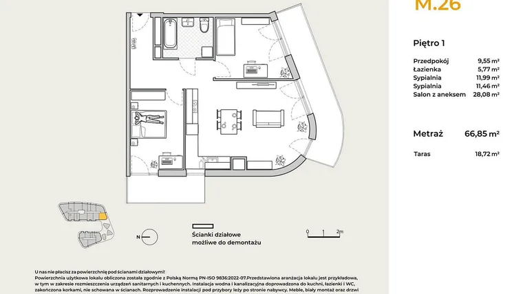 Rzut - Mieszkanie na sprzedaż 3 pokoje o powierzchni 66,85 m² - numer M26 w Baja Piaśniki
