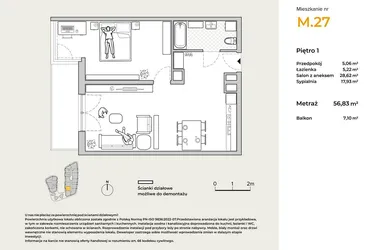 Rzut - Mieszkanie na sprzedaż 2 pokoje o powierzchni 56,83 m² - numer M27 w Baja Piaśniki