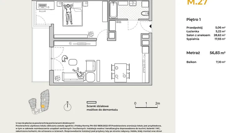 Rzut - Mieszkanie na sprzedaż 2 pokoje o powierzchni 56,83 m² - numer M27 w Baja Piaśniki