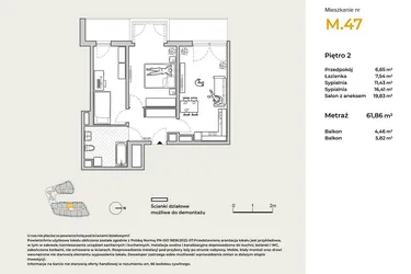 Rzut - Mieszkanie na sprzedaż 3 pokoje o powierzchni 61,86 m² - numer M47 w Baja Piaśniki