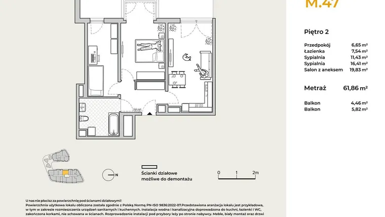 Rzut - Mieszkanie na sprzedaż 3 pokoje o powierzchni 61,86 m² - numer M47 w Baja Piaśniki