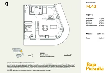 Rzut - Mieszkanie na sprzedaż 3 pokoje o powierzchni 66,91 m² - numer M43 w Baja Piaśniki