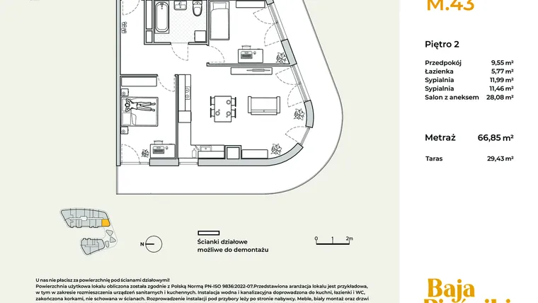 Rzut - Mieszkanie na sprzedaż 3 pokoje o powierzchni 66,91 m² - numer M43 w Baja Piaśniki