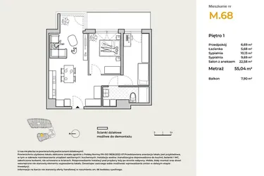 Rzut - Mieszkanie na sprzedaż 3 pokoje o powierzchni 55,04 m² - numer M68 w Baja Piaśniki