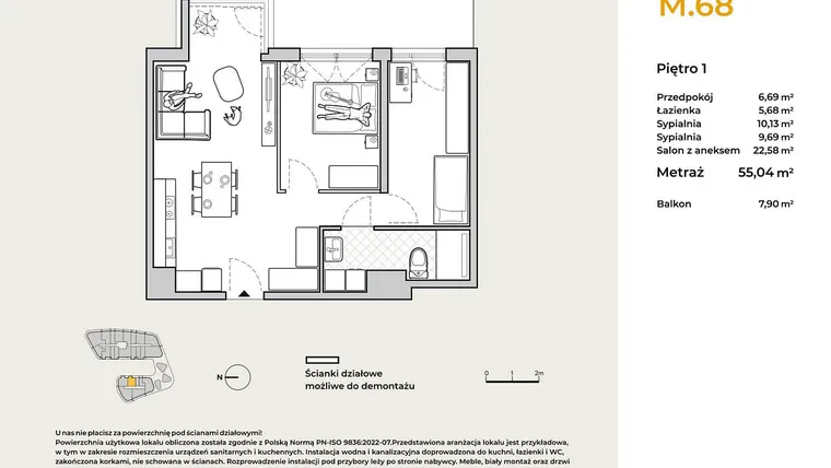 Rzut - Mieszkanie na sprzedaż 3 pokoje o powierzchni 55,04 m² - numer M68 w Baja Piaśniki