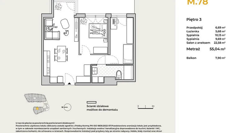 Rzut - Mieszkanie na sprzedaż 3 pokoje o powierzchni 55,04 m² - numer M78 w Baja Piaśniki