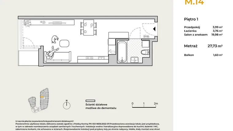 Rzut - Mieszkanie na sprzedaż 1 pokój o powierzchni 27,73 m² - numer M14 w Baja Piaśniki