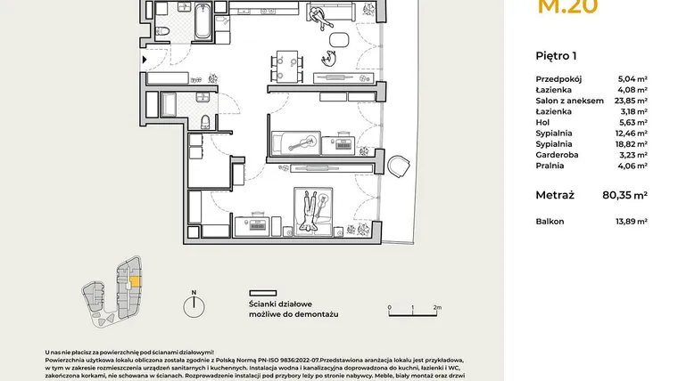 Rzut - Mieszkanie na sprzedaż 3 pokoje o powierzchni 80,35 m² - numer M20 w Baja Piaśniki