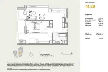 Rzut - Mieszkanie na sprzedaż 3 pokoje o powierzchni 61,86 m² - numer M29 w Baja Piaśniki
