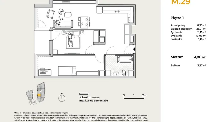 Rzut - Mieszkanie na sprzedaż 3 pokoje o powierzchni 61,86 m² - numer M29 w Baja Piaśniki