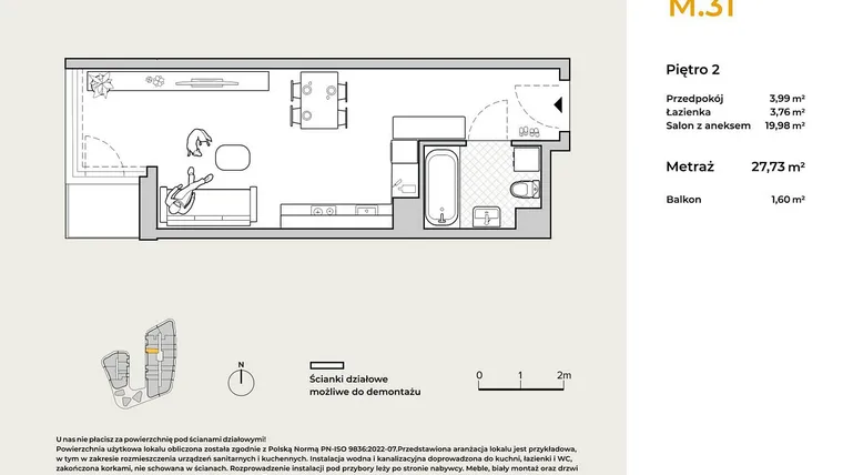 Rzut - Mieszkanie na sprzedaż 1 pokój o powierzchni 27,73 m² - numer M31 w Baja Piaśniki