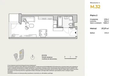 Rzut - Mieszkanie na sprzedaż 1 pokój o powierzchni 27,27 m² - numer M32 w Baja Piaśniki