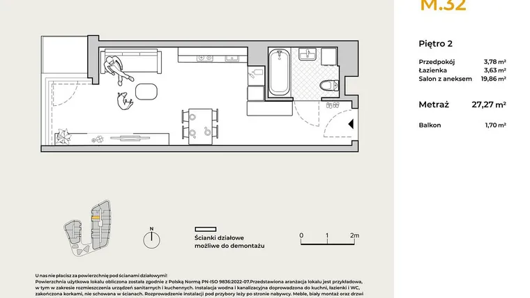 Rzut - Mieszkanie na sprzedaż 1 pokój o powierzchni 27,27 m² - numer M32 w Baja Piaśniki