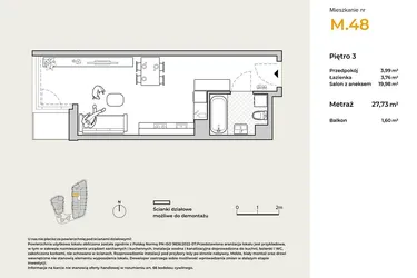 Rzut - Mieszkanie na sprzedaż 1 pokój o powierzchni 27,73 m² - numer M48 w Baja Piaśniki
