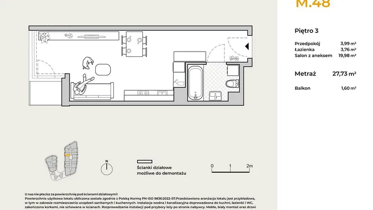 Rzut - Mieszkanie na sprzedaż 1 pokój o powierzchni 27,73 m² - numer M48 w Baja Piaśniki