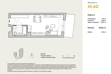 Rzut - Mieszkanie na sprzedaż 1 pokój o powierzchni 29,92 m² - numer M40 w Baja Piaśniki